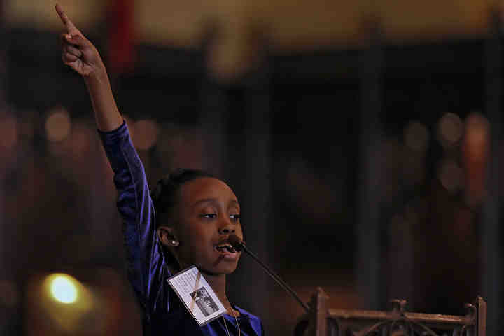 “Fairness, justice and equality are exactly what Dr. King dreamed of, and I do, too,” said 2017 statewide MLK Oratorical Contest Primary Division winner Addison Caption of Bedford as he speaks during the 33rd annual Ohio Dr. Martin Luther King, Jr. Commemorative Celebration at Trinity Episcopal Church in Columbus.  (Kyle Robertson / The Columbus Dispatch)